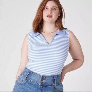 Lane Bryant Blue and White Fitted Sleeveless V-Neck Polo